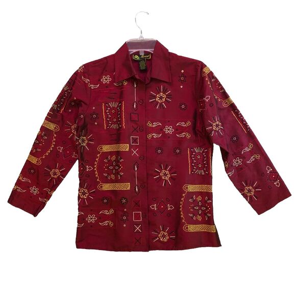 Mirasol Silk Embroidered Blouse Womens Size S VTG Burgundy Boho Embellished - Picture 1 of 16